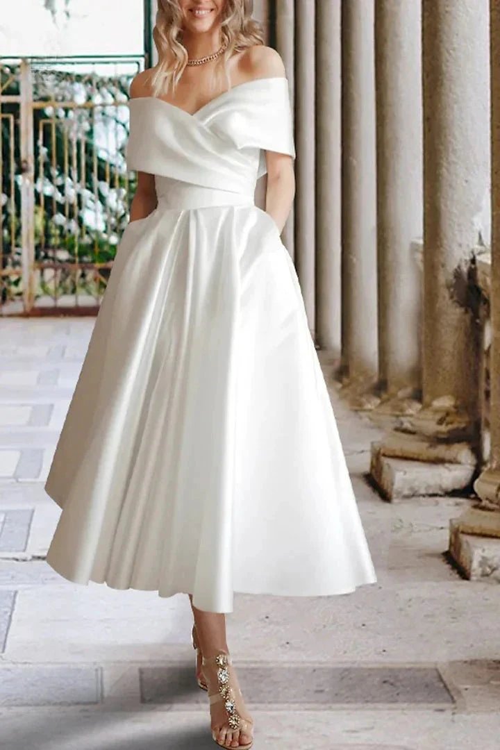 Tea Length Off The Shoulder Beach Satin Wedding Dress with Pockets WD680 by pgmdress