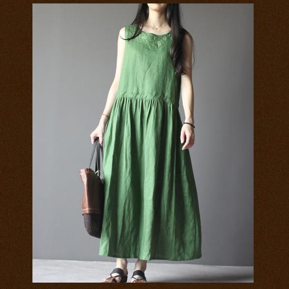 Tea Green Retro Linen Sundress Plus Size Summer Maxi Dress