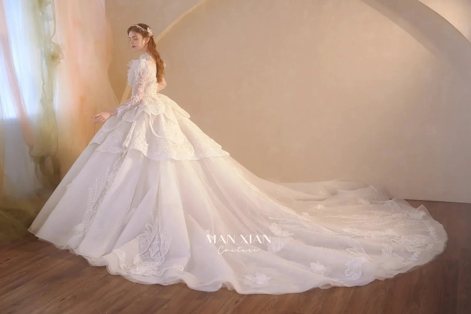 Regal Ivory High-Neck Lace Ball Gown with Sheer Sleeves, Ruffled Details & Crystal Embroidery (ZD16937)