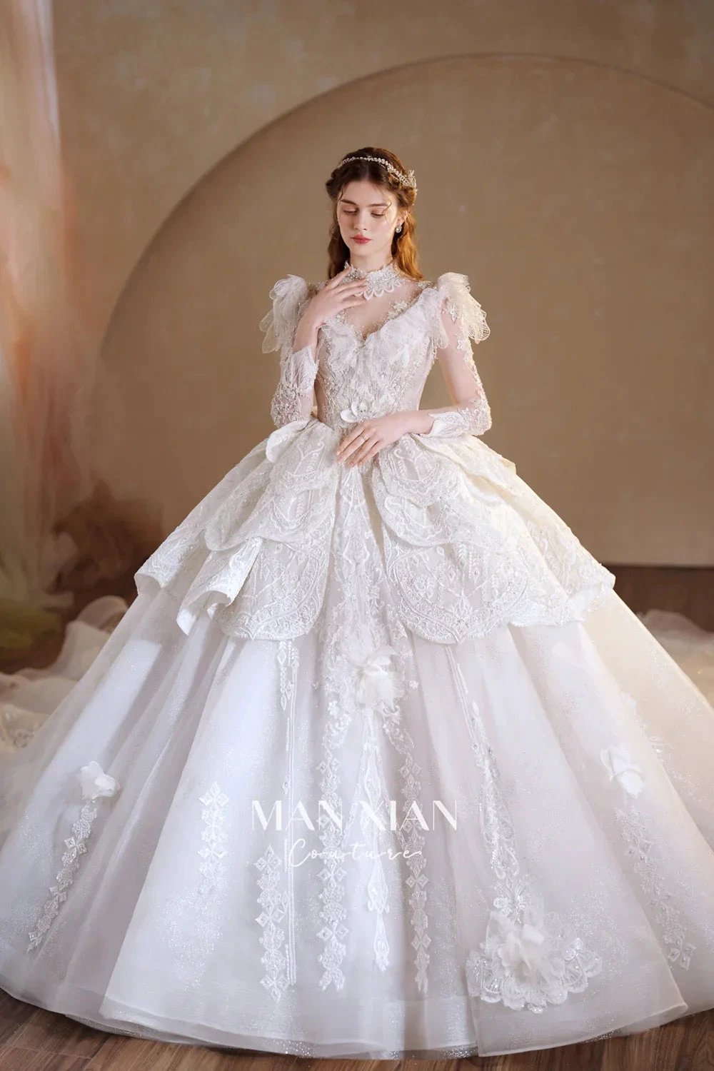 Regal Ivory High-Neck Lace Ball Gown with Sheer Sleeves, Ruffled Details & Crystal Embroidery (ZD16937)