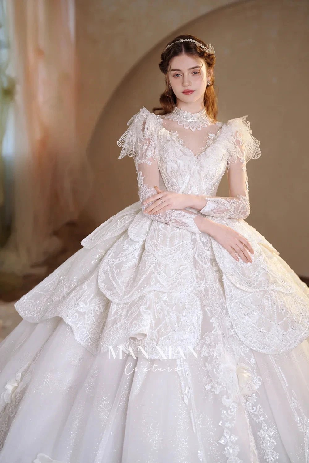 Regal Ivory High-Neck Lace Ball Gown with Sheer Sleeves, Ruffled Details & Crystal Embroidery (ZD16937)