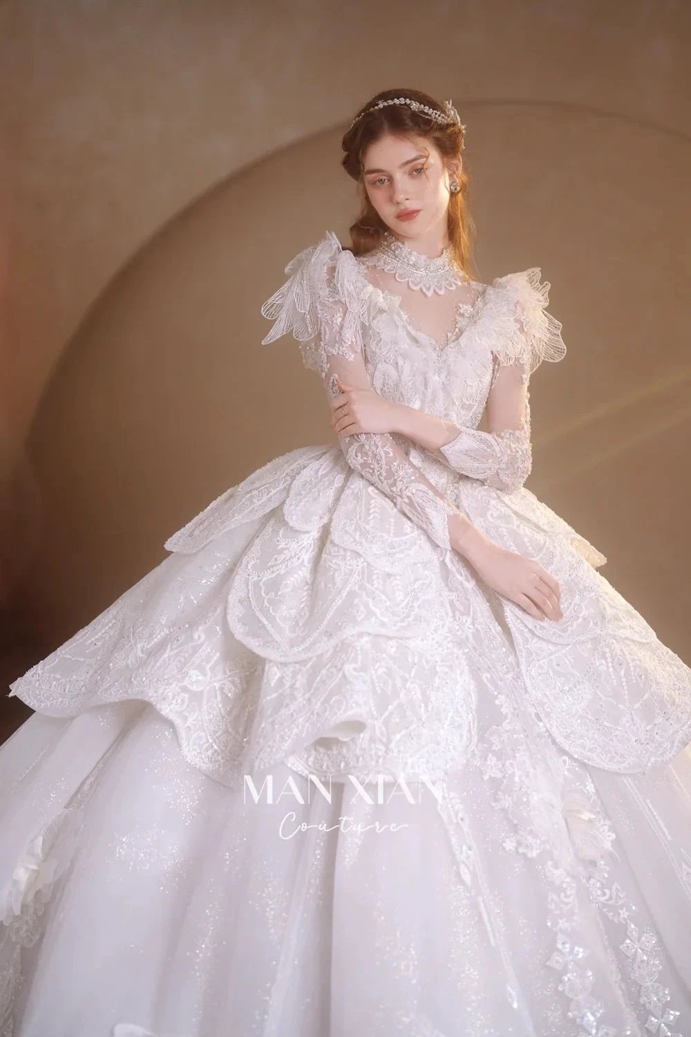 Regal Ivory High-Neck Lace Ball Gown with Sheer Sleeves, Ruffled Details & Crystal Embroidery (ZD16937)
