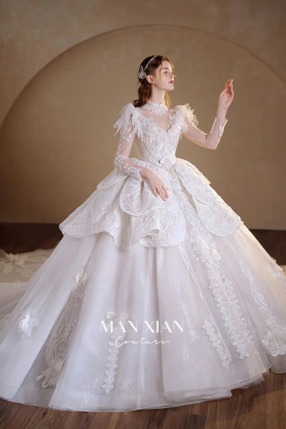 Regal Ivory High-Neck Lace Ball Gown with Sheer Sleeves, Ruffled Details & Crystal Embroidery (ZD16937)