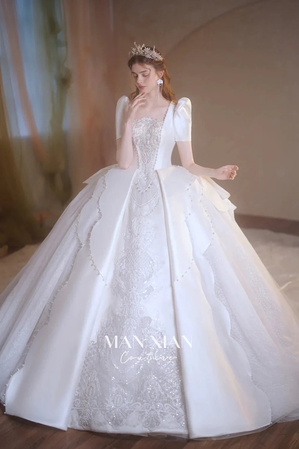 Regal Ivory Square-Neck Satin Ball Gown with Puff Sleeves, Pearl Embroidery & Oversized Bow Train m011 (ZD16938)