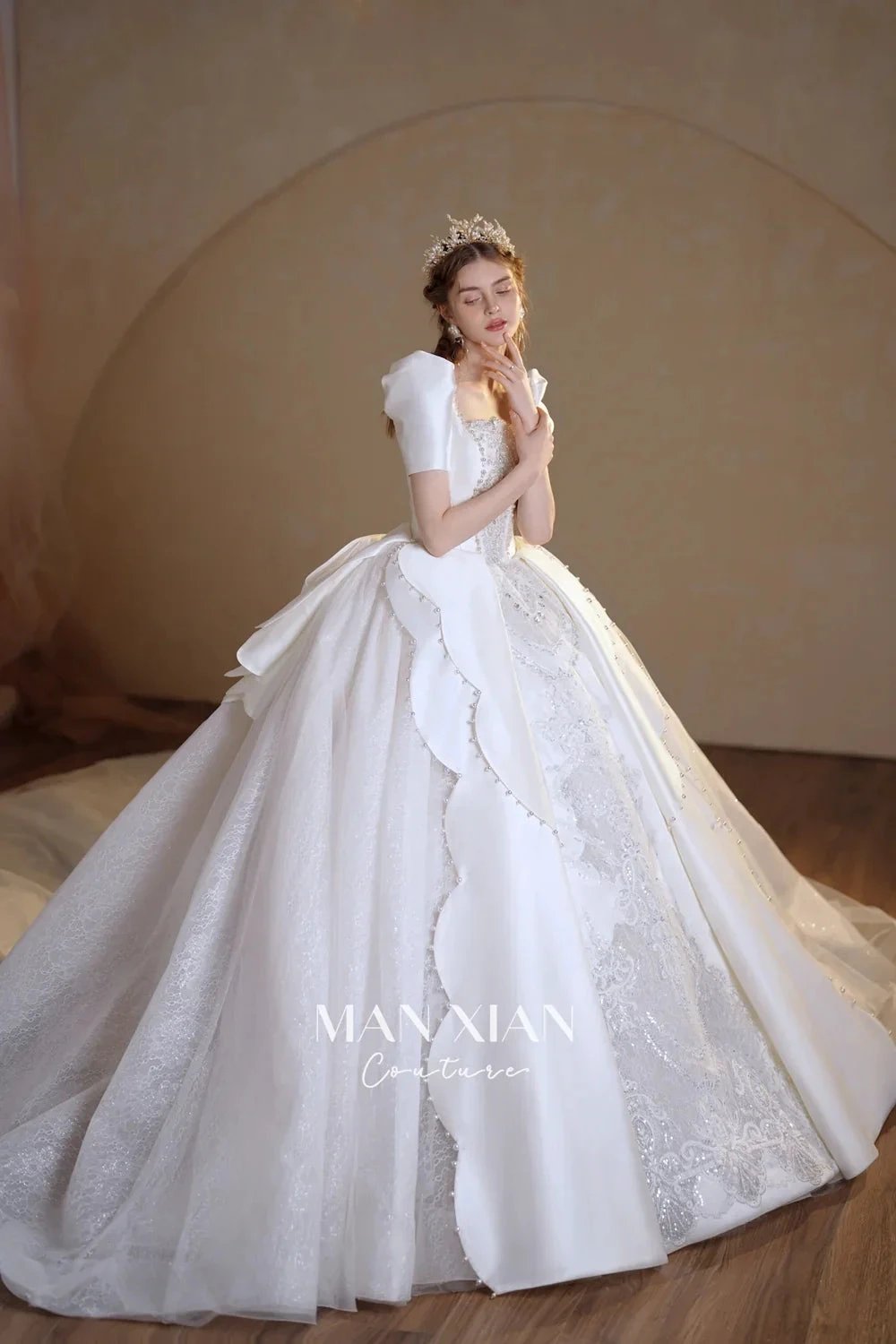 Regal Ivory Square-Neck Satin Ball Gown with Puff Sleeves, Pearl Embroidery & Oversized Bow Train m011 (ZD16938)