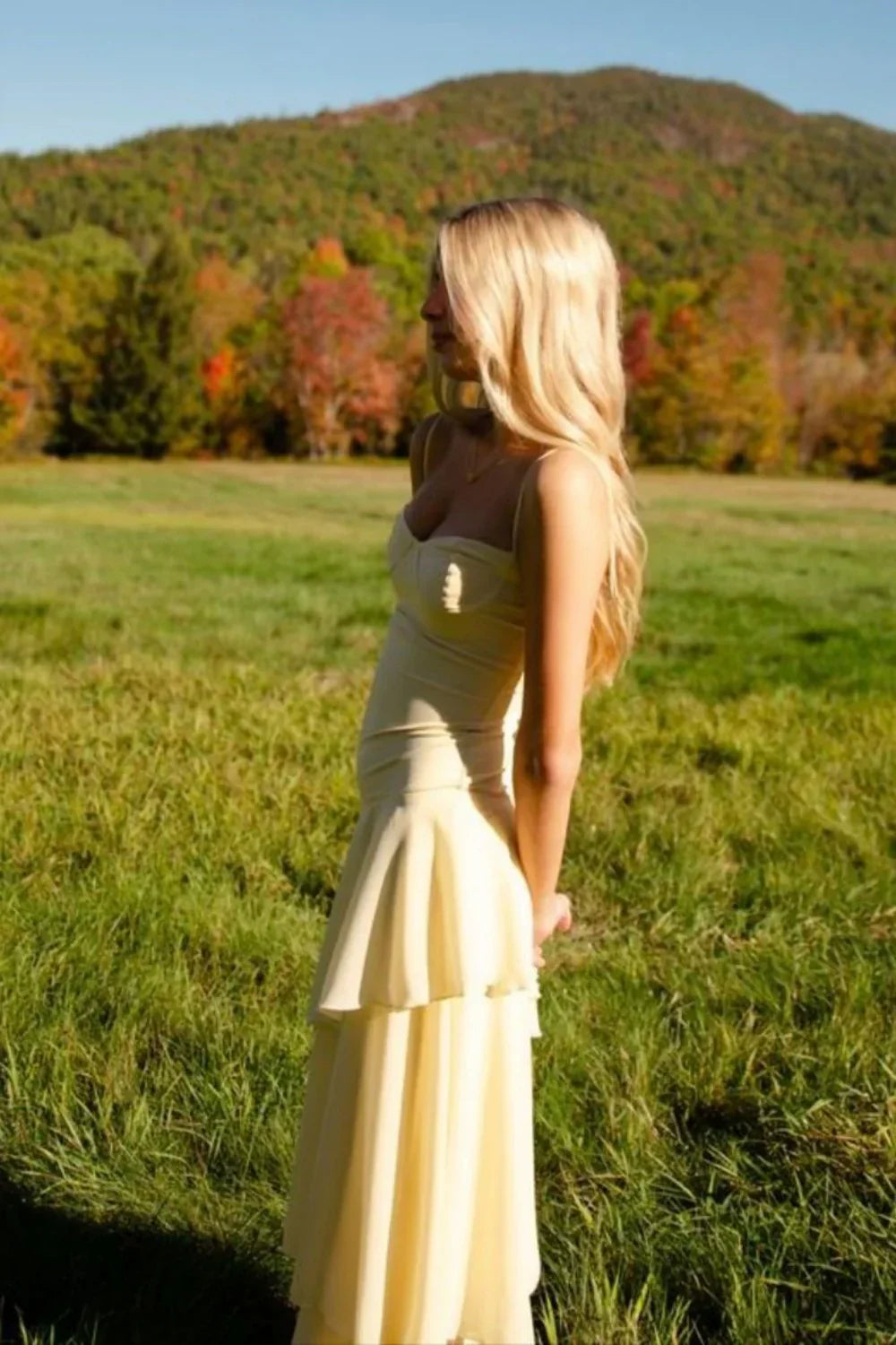 Tiered Ruffle Prom Dress Spaghetti Straps Wedding Guest Dress J10207