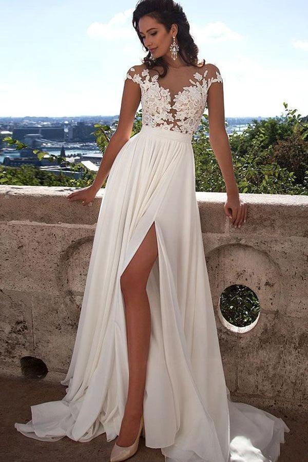 Top lace Appliques Side Slit Chiffon Party Evening Prom Dresses (ZD16346)