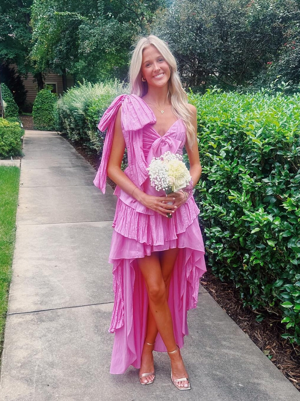 Touching A Line Spaghetti Straps Pink High Low Homecoming Dress with Bowknot