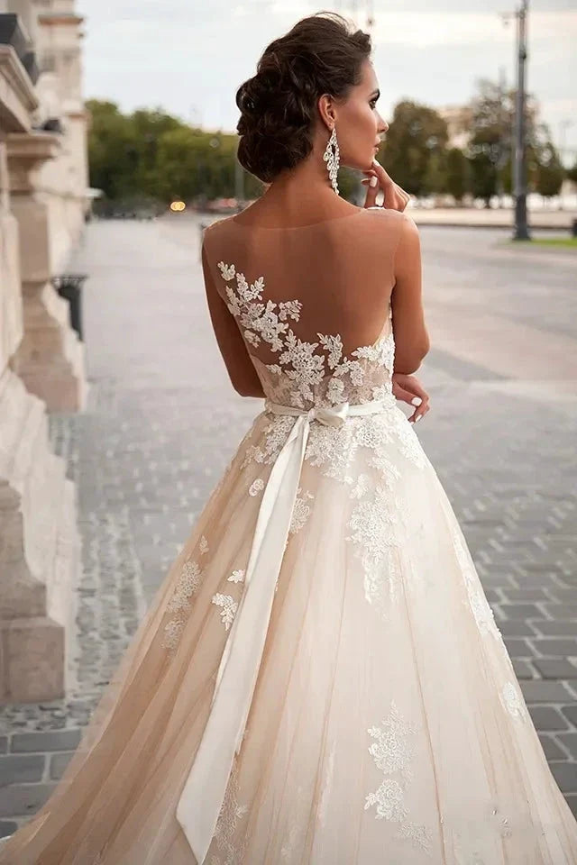 Transparent Champagne Bride with Removable Pearl Belt Sleeveless Bare Back Lace2023 Series wedding dress (ZD13300)