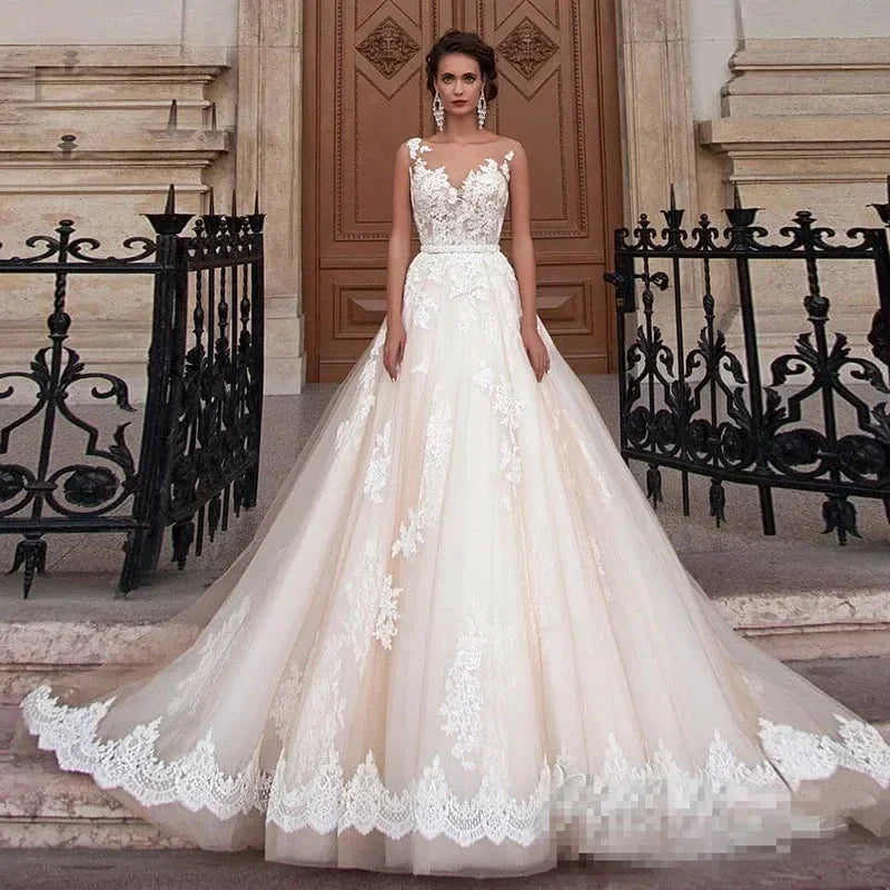 Transparent Champagne Bride with Removable Pearl Belt Sleeveless Bare Back Lace2023 Series wedding dress (ZD13300) - VelvetHem