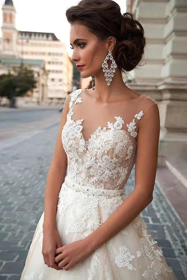 Transparent Champagne Bride with Removable Pearl Belt Sleeveless Bare Back Lace2023 Series wedding dress (ZD13300)
