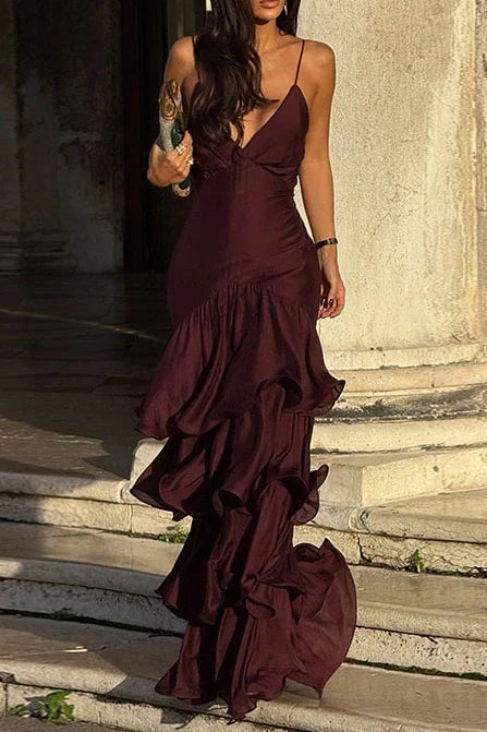 Trendy A Line Spaghetti Straps Burgundy Long Prom Dress with Ruffles