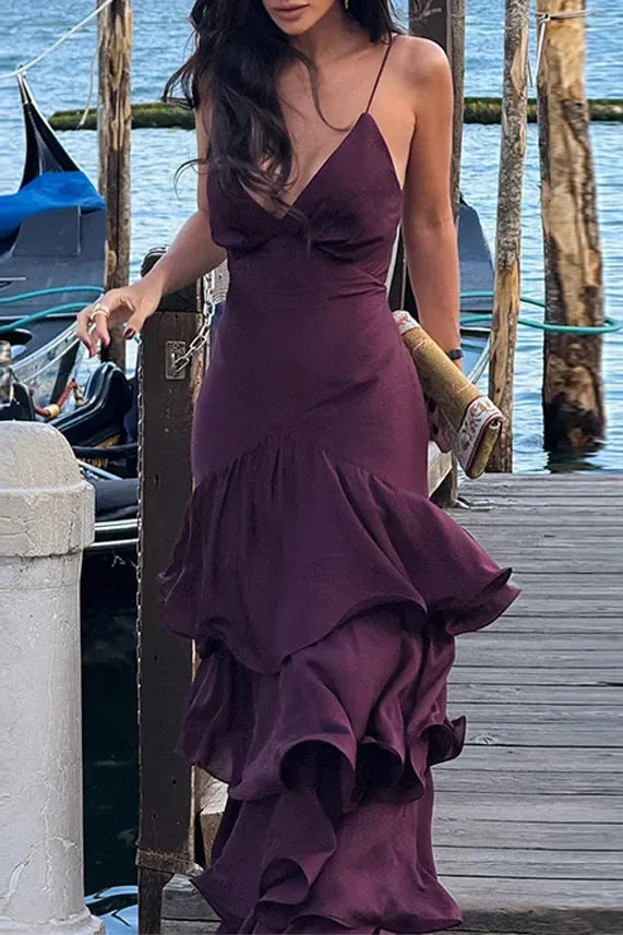 Trendy A Line Spaghetti Straps Burgundy Long Prom Dress with Ruffles