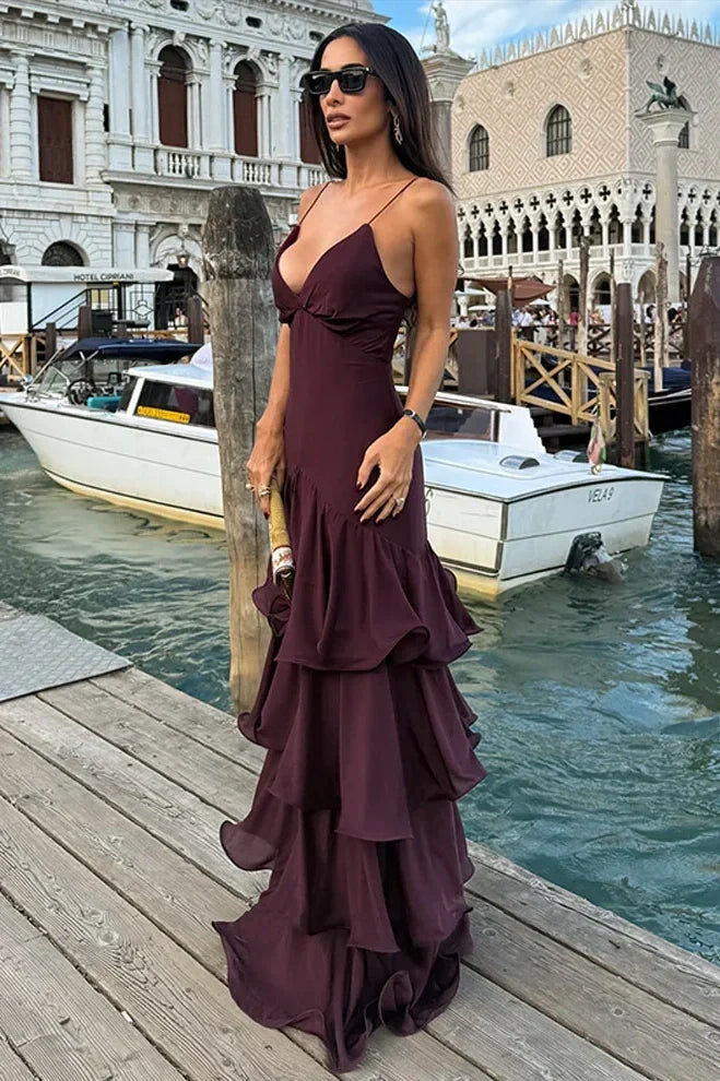 Trendy A Line Spaghetti Straps Burgundy Long Prom Dress with Ruffles