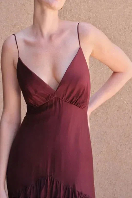 Trendy A Line Spaghetti Straps Burgundy Long Prom Dress with Ruffles