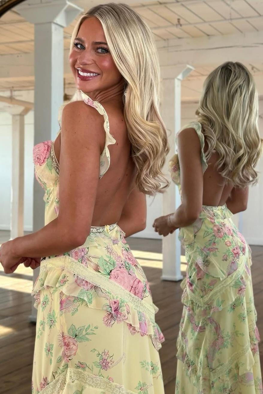 Beautiful Mermaid Spaghetti Straps Floral Print Yellow Long Prom Dress with Ruffles