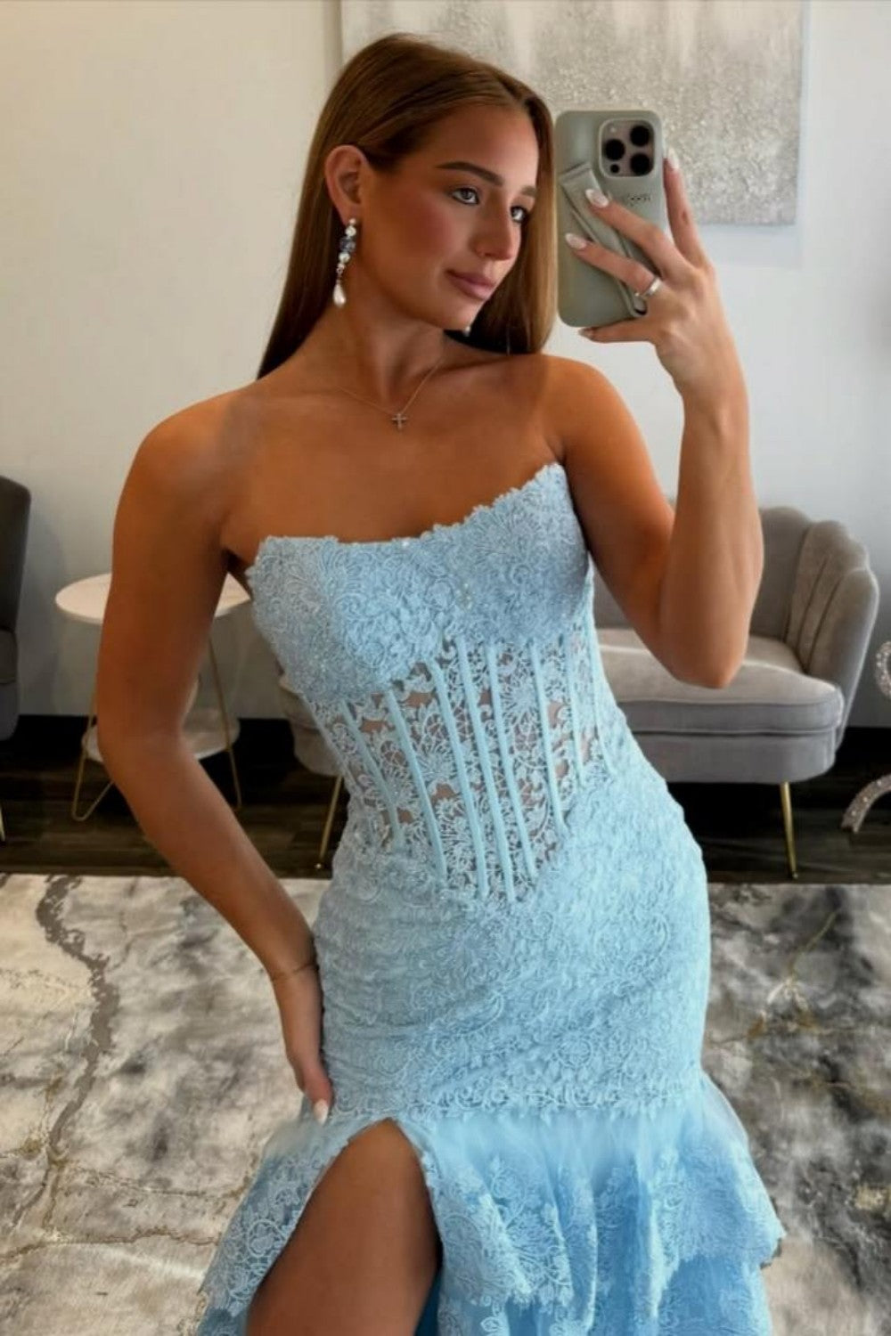 Chic Mermaid Strapless Lace Light Blue Corset Mermaid Prom Dress with Slit
