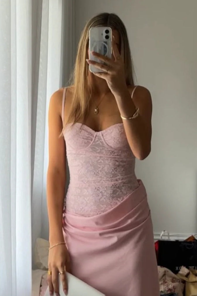 Trendy Mermaid Spaghetti Straps Light Pink Long Prom Dress with Lace