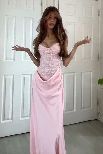 Trendy Mermaid Spaghetti Straps Light Pink Long Prom Dress with Lace
