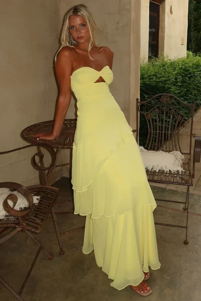 Trendy Mermaid Sweetheart Yellow  Long Prom Dress with Ruffles Keyholes