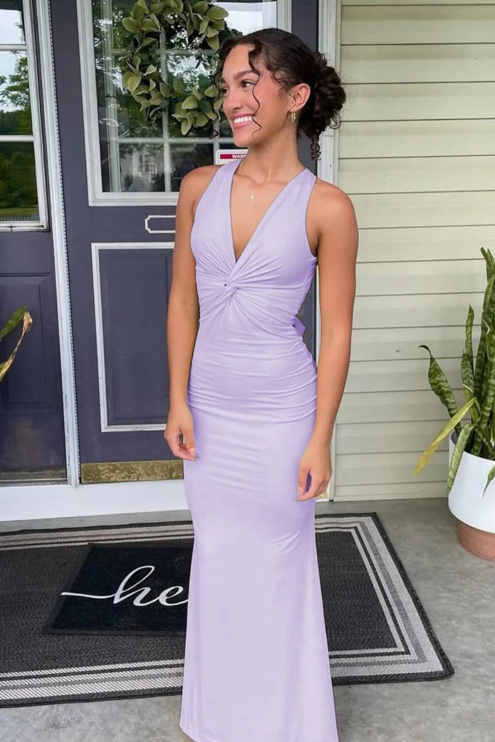Trendy Sheath Halter Neck Yellow Long Prom Dress with Criss Cross Back