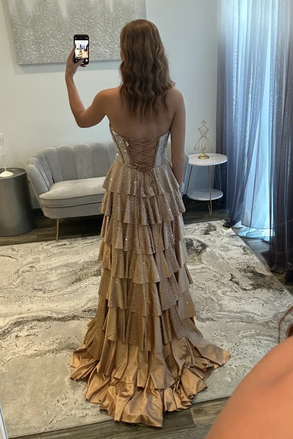 Chic A-Line Strapless Champagne Corset Prom Dress with Beading Ruched - View 2 | FashionDia