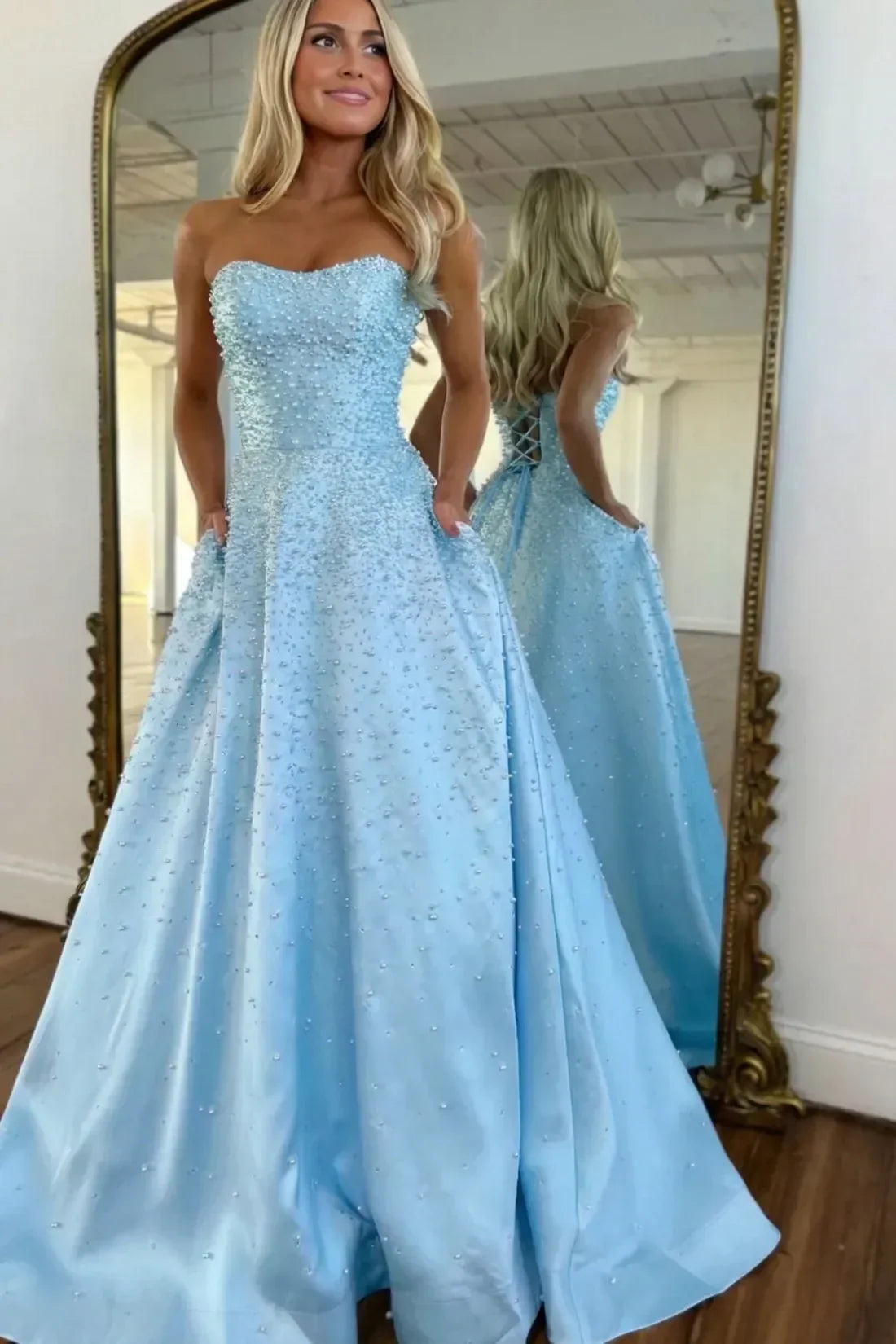 Luxurious A Line Sweetheart Yellow Long Prom Dress with Pearls Criss Cross Back
