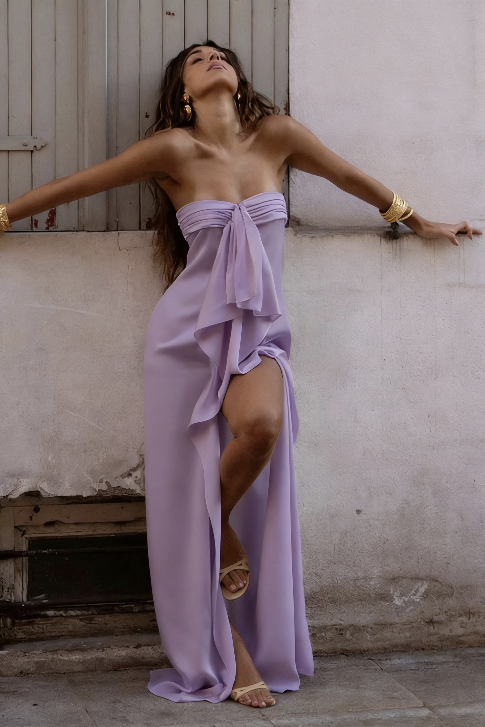 Trendy Sheath Strapless Ivory Satin Long Prom Dress with High Slit & Ruffle Layers