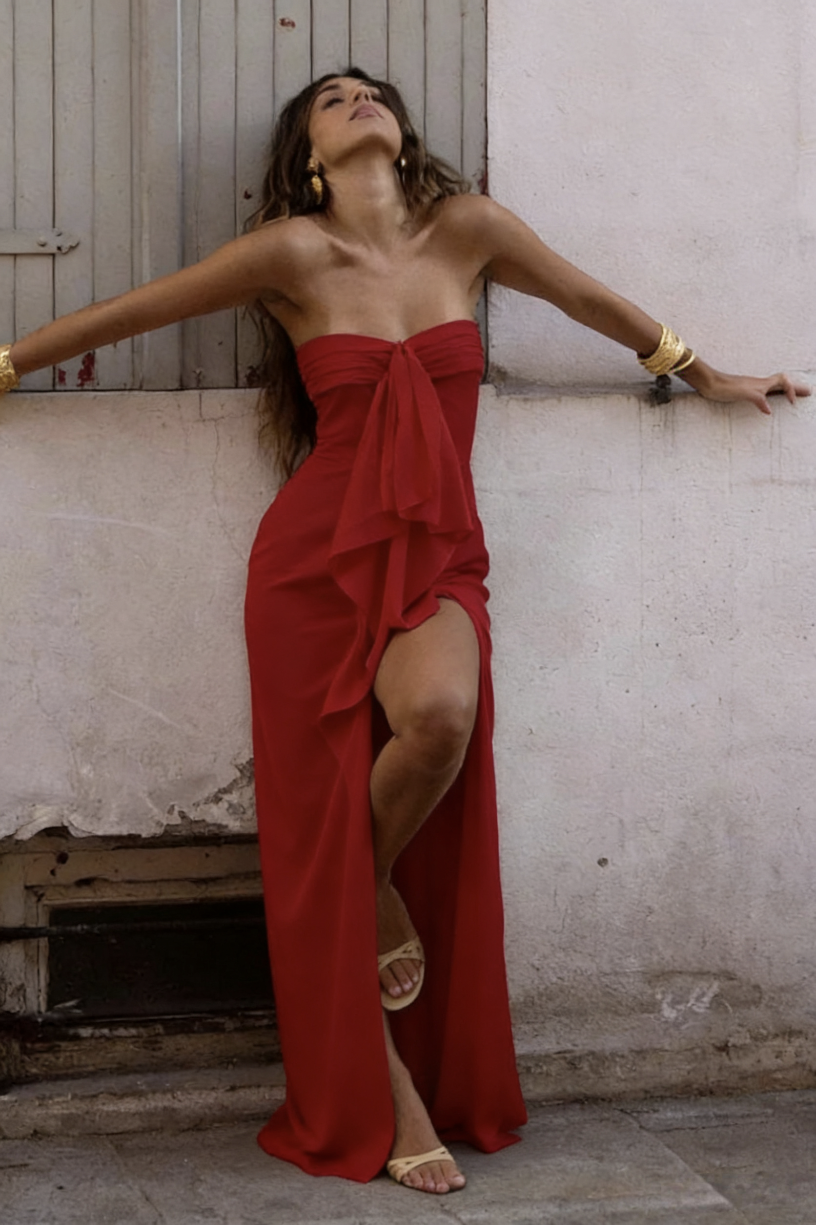 Trendy Sheath Strapless Ivory Satin Long Prom Dress with High Slit & Ruffle Layers