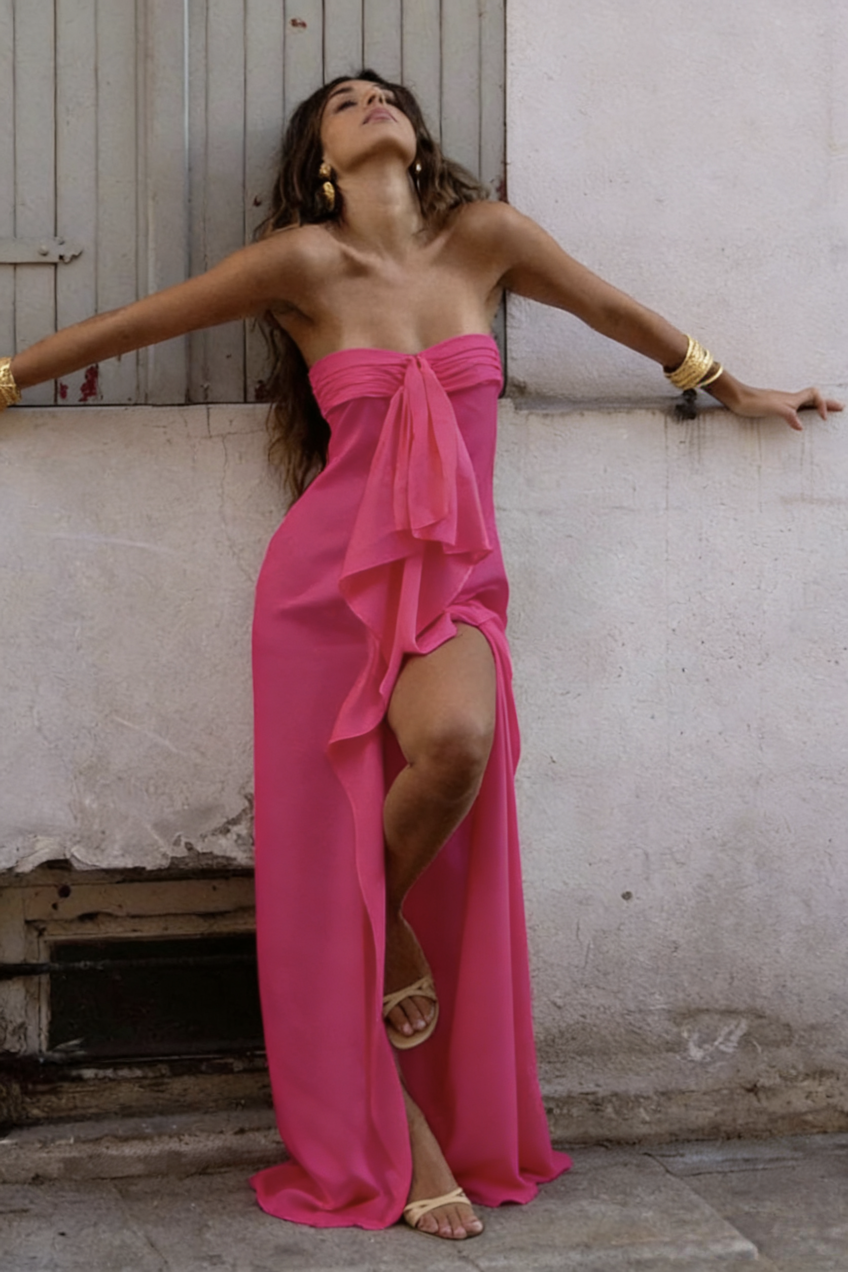 Trendy Sheath Strapless Ivory Satin Long Prom Dress with High Slit & Ruffle Layers