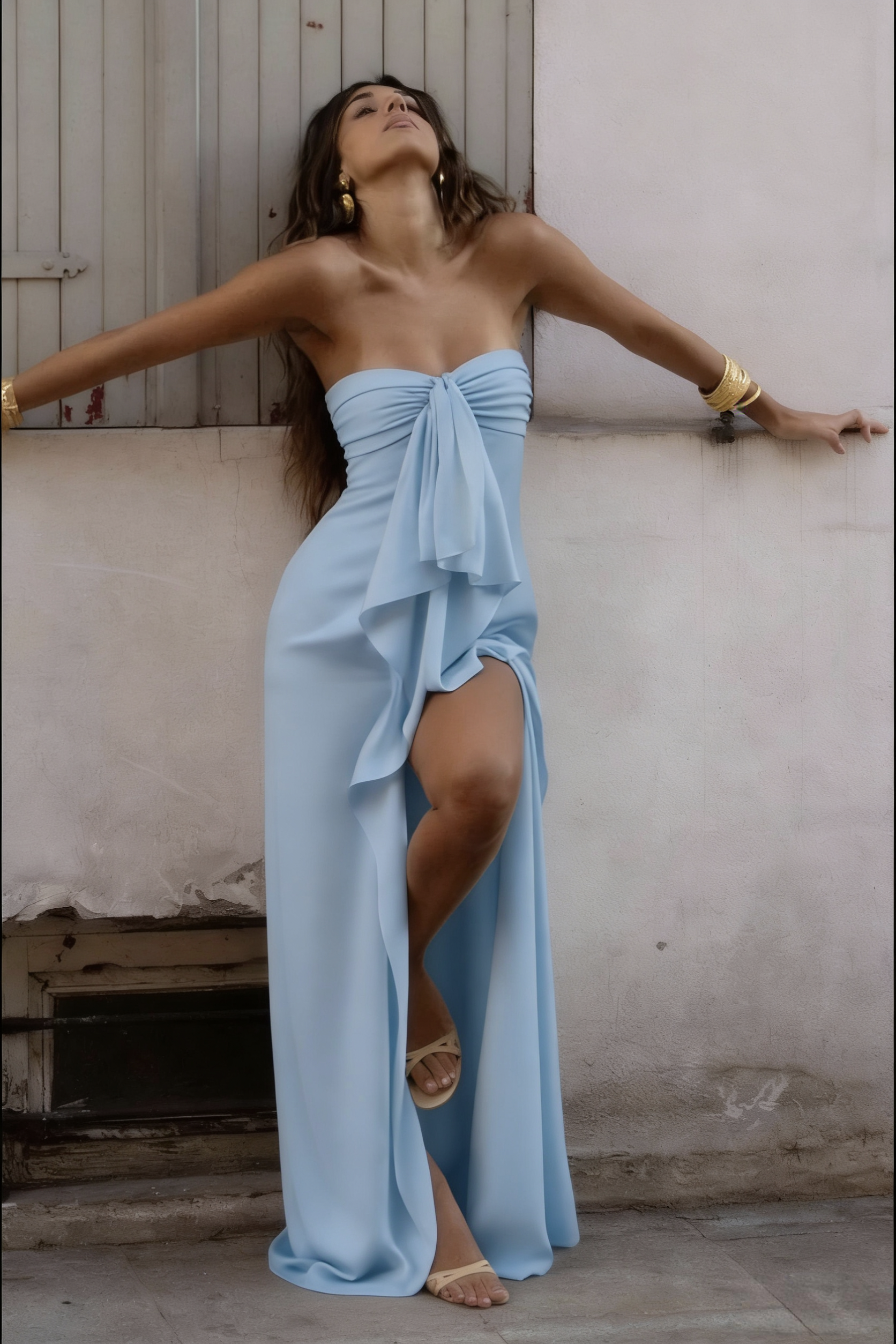 Trendy Sheath Strapless Ivory Satin Long Prom Dress with High Slit & Ruffle Layers