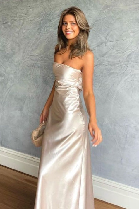 Simple Sheath Strapless Champagne Satin Long Prom Dress with Ruched