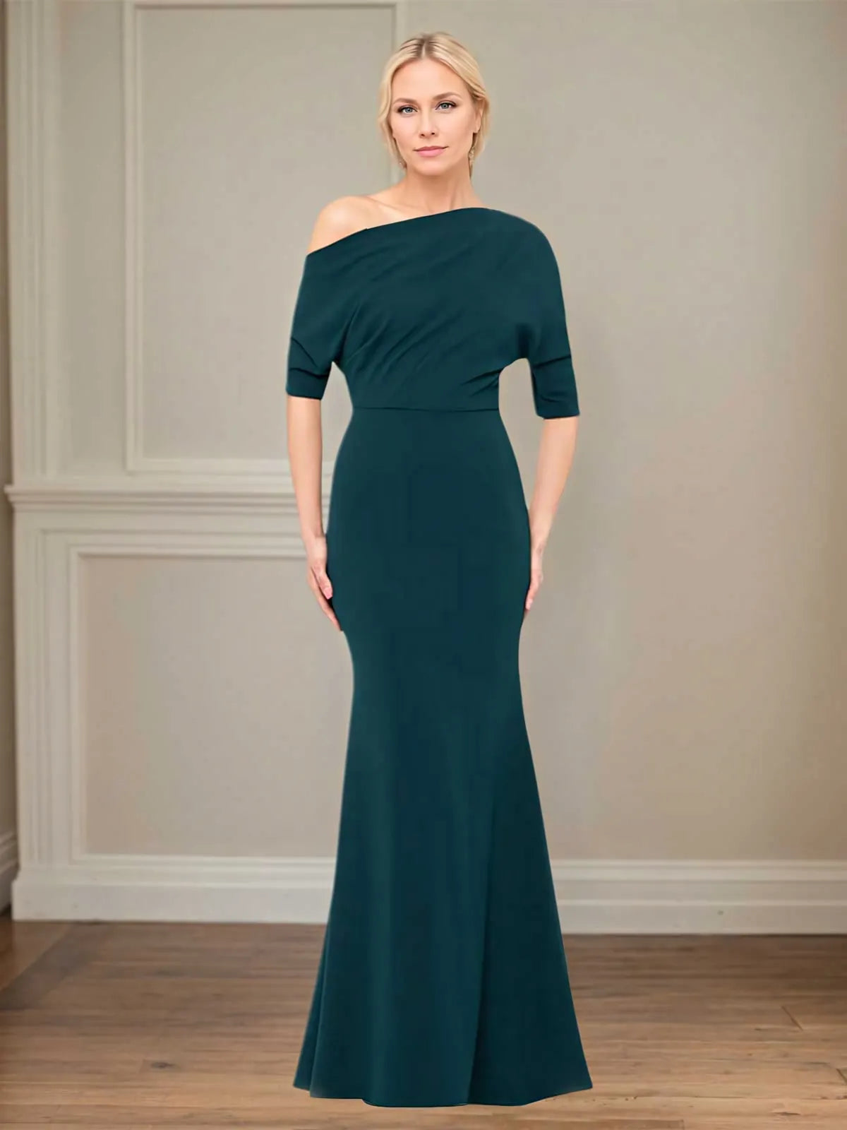Trumpet/Mermaid Stretch Crepe One Shoulder Short Sleeves Floor Length Dress