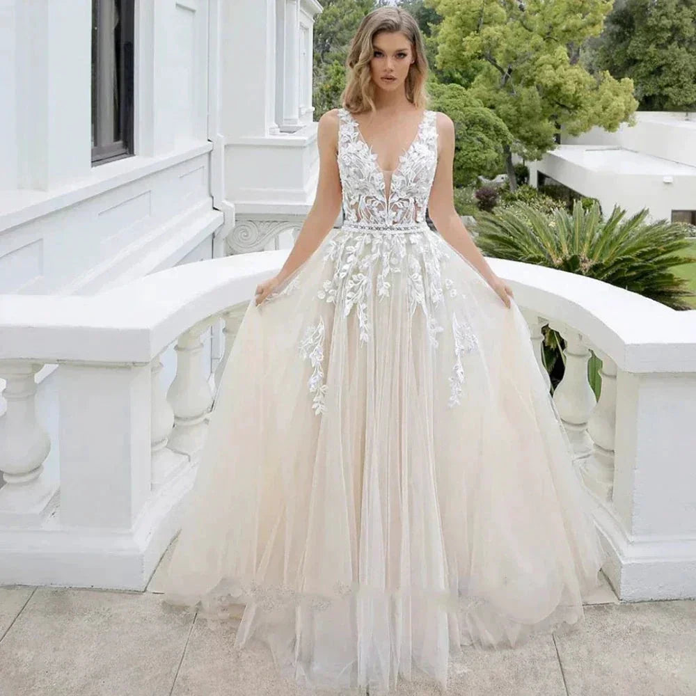 Tulle Appliques Wedding Dresses For Women 2023 Bride Deep V Neck A Line Court Train Backless Customised Robe De Mariée Vestidos by payinti