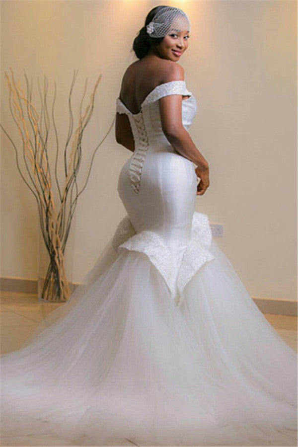 Tulle Mermaid White Glamorous Beads Sweep-Train Lace-up Off-the-shoulder Wedding Dress