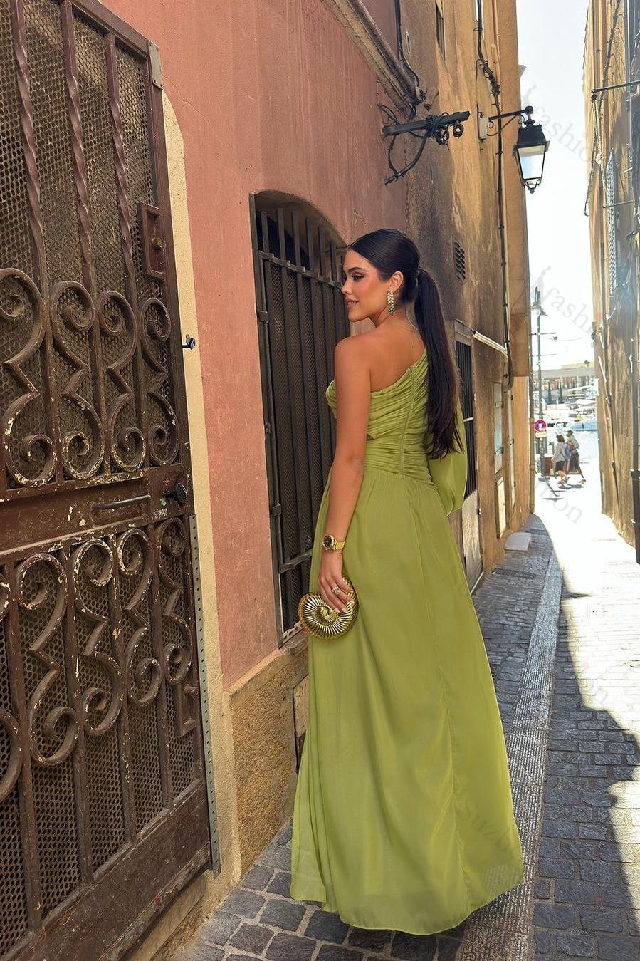Tulle One Shoulder Long Sleeve Long Evening Formal Dress With Front Split