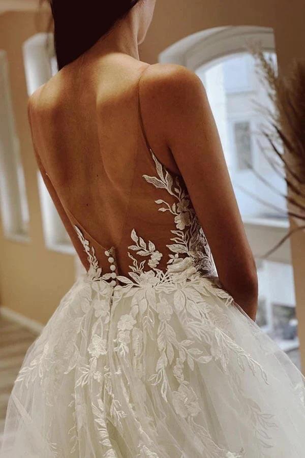 Tulle A-line Sheer Neck Beach Wedding Dress With Lace Appliques (ZD16155)