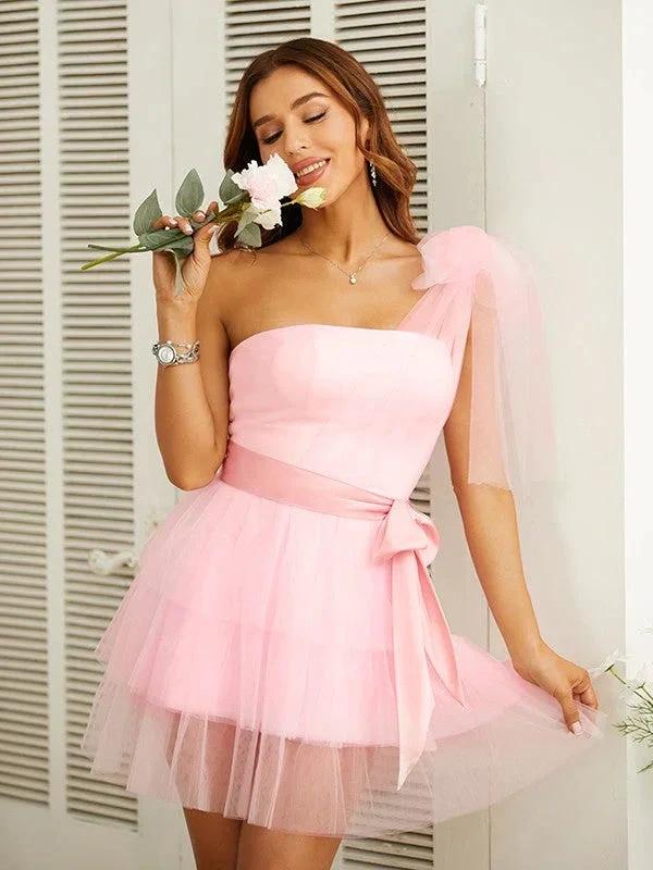 Tube Top Dress Tulle Belt One-Shoulder Short/Mini Dresses (ZD11661)