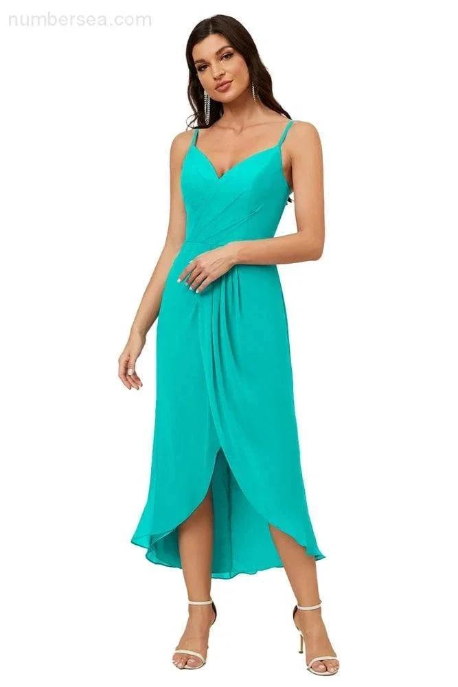 ZapDress Spaghetti Chiffon V Neck Bridesmaid Dress Mid-Length Slit Formal Prom Dress Homecoming Dress 2803 (ZD16952)