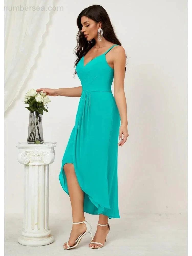 ZapDress Spaghetti Chiffon V Neck Bridesmaid Dress Mid-Length Slit Formal Prom Dress Homecoming Dress 2803 (ZD16952)