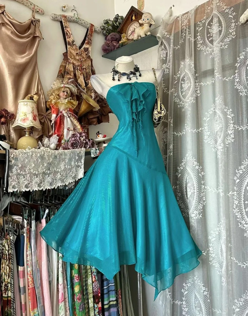 Turquoise A-Line Retro Homecoming Dress Ruffled Party Dress