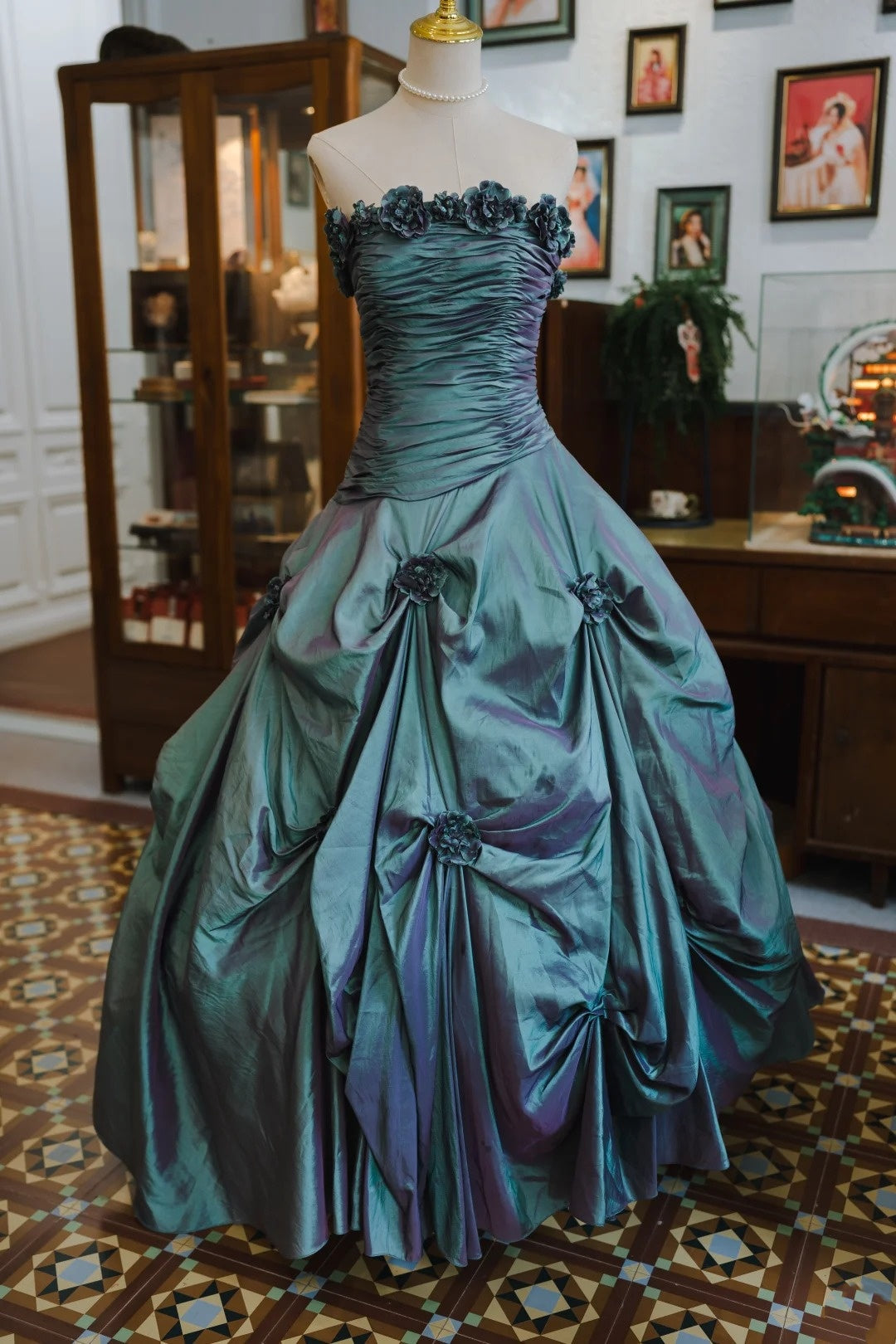 Turquoise A-Line Taffeta Prom Dress With 3d Flowers Sweet 16 Birthday Gown