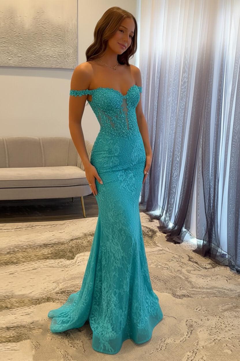 Navy Prom Dress Off The Shoulder Mermaid Long Lace Formal Dress