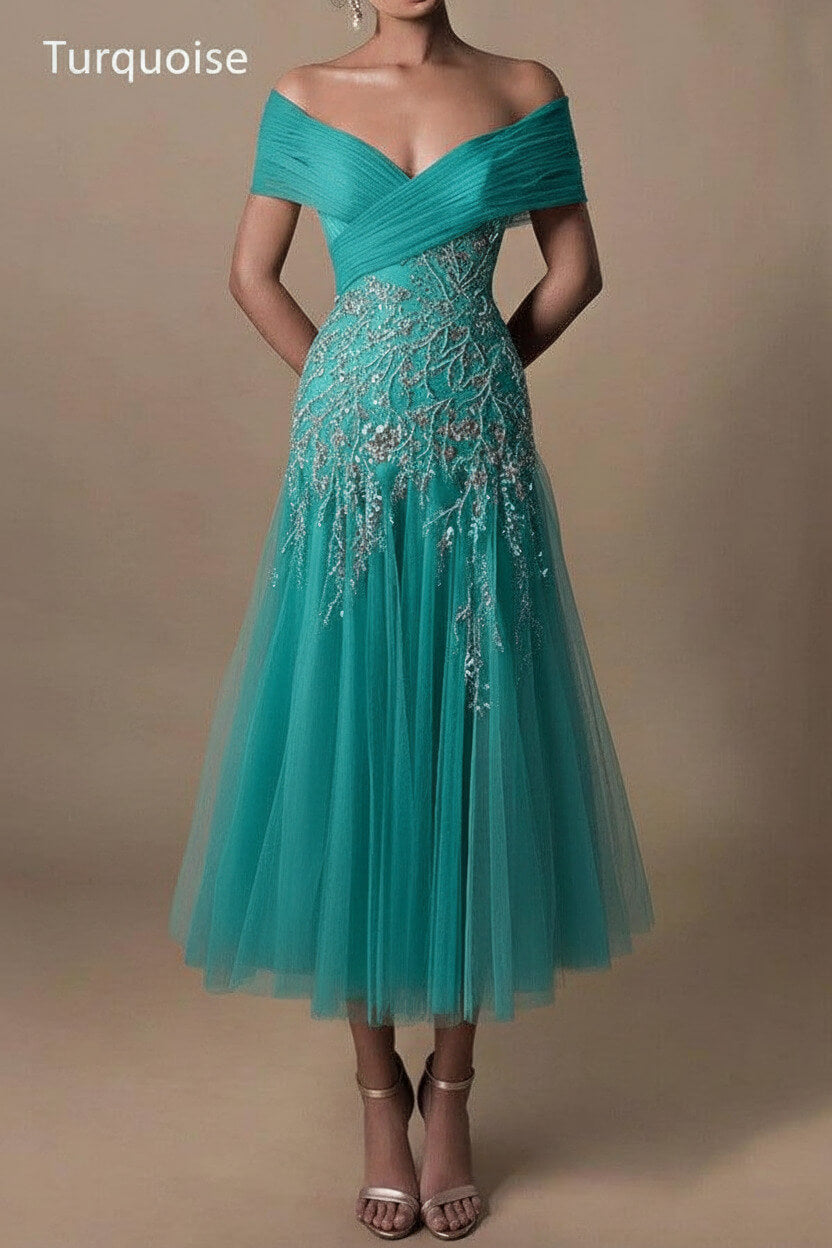 Gorgeous Short Long Off-the-Shoulder Beadings Beach Bridal Dress With Lace
