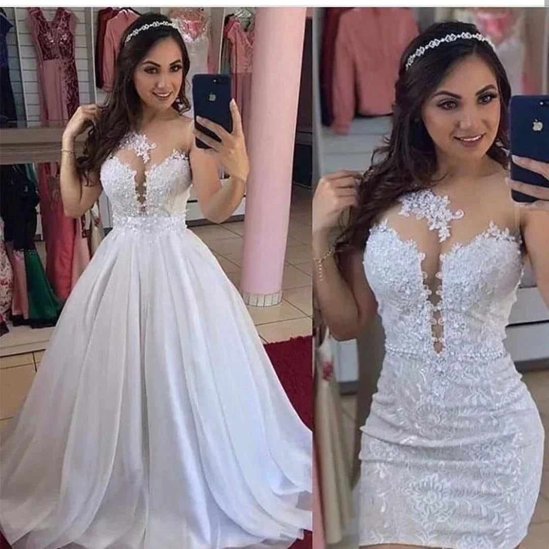 Two Pieces Detachable Train Wedding Dresses Sheath Illusion Lace 2 in 1 Bridal Gowns Vestidos de noiva by payinti
