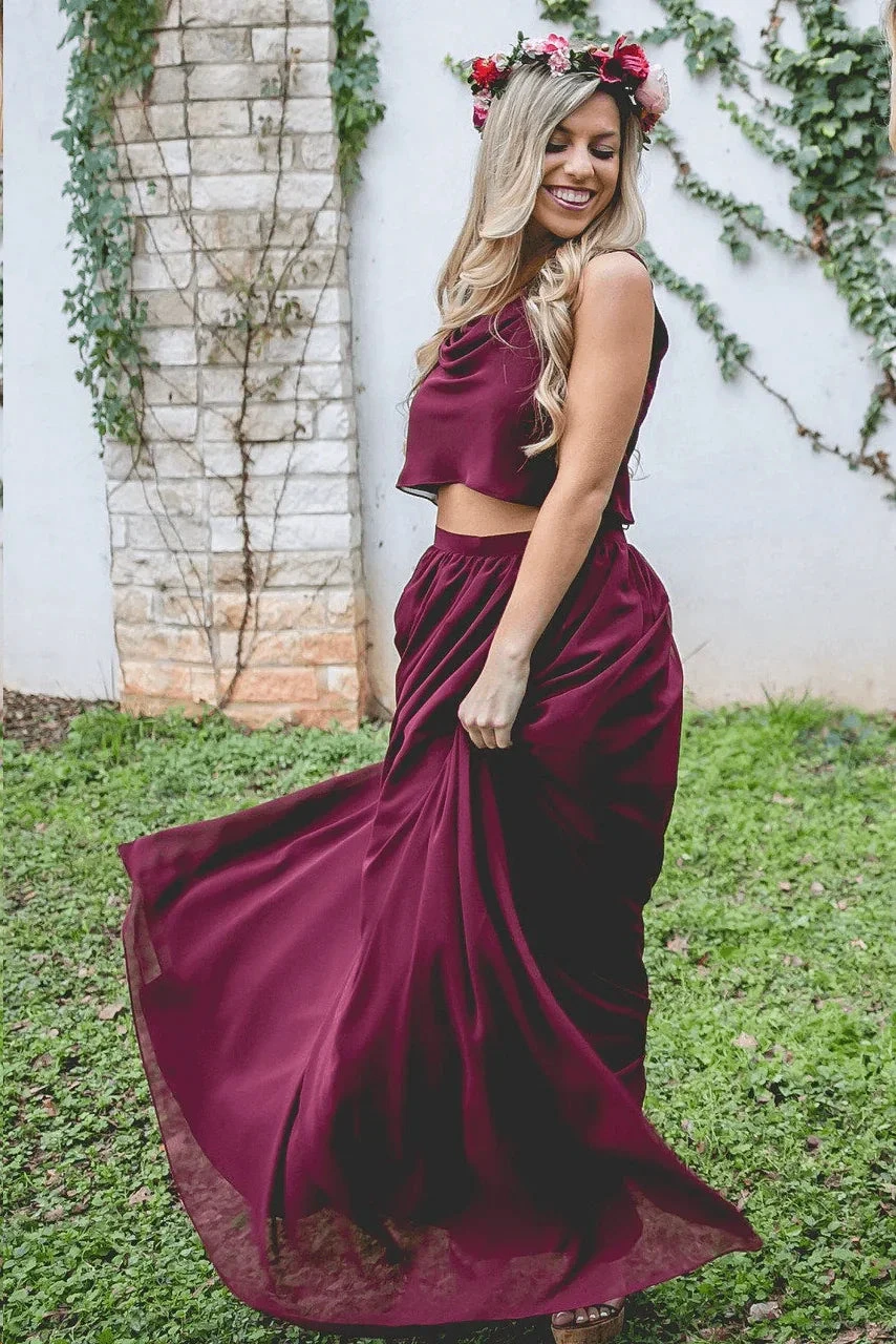 Two Piece A Line Burgundy Long  Bridesmaid Dresses (ZD13268)