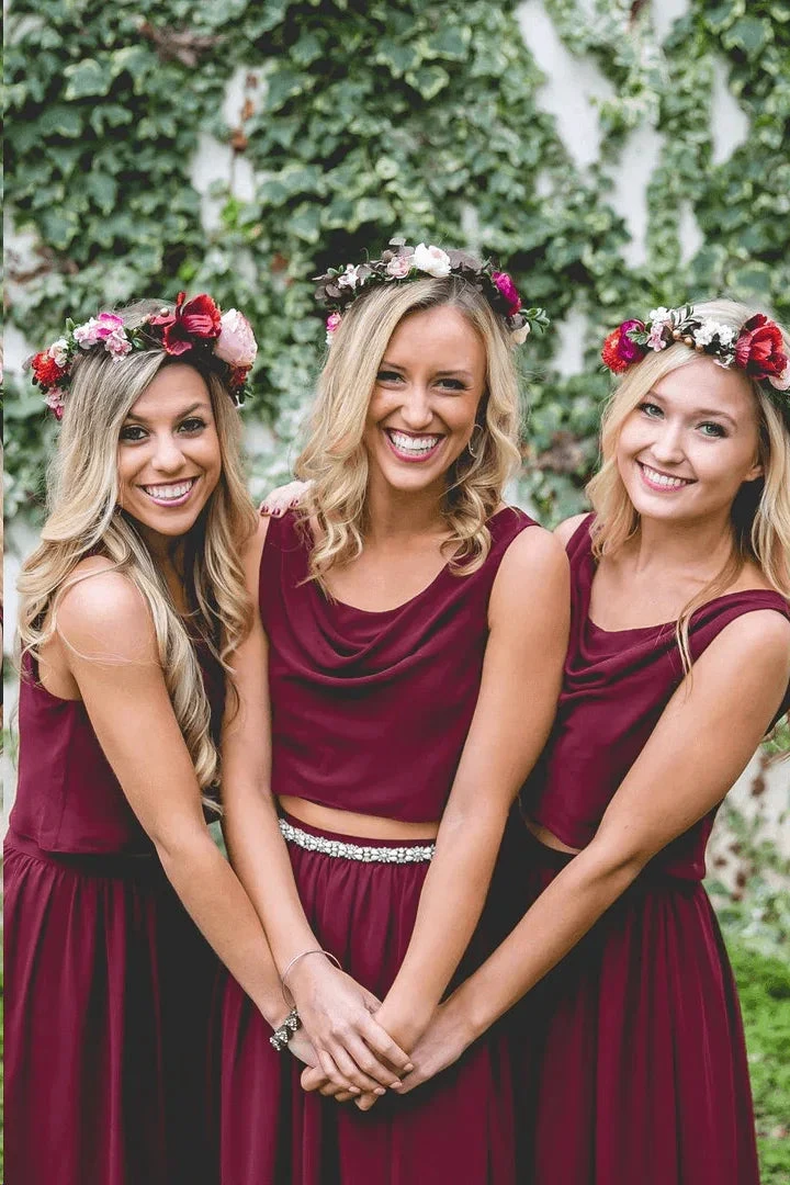 Two Piece A Line Burgundy Long  Bridesmaid Dresses (ZD13268)