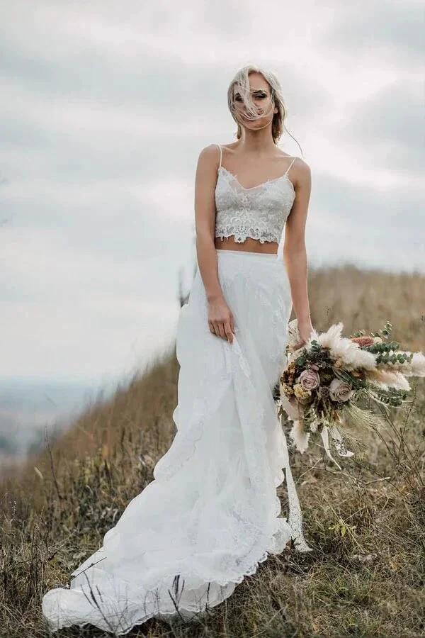 Two Pieces Lace Appliques Spaghetti Straps Wedding Dresses Bridal Gown (ZD16185)