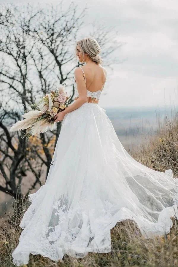 Two Pieces Lace Appliques Spaghetti Straps Wedding Dresses Bridal Gown (ZD16185)