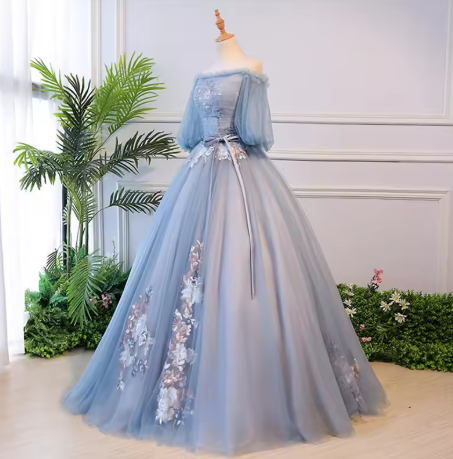 Unique blue tulle lace long prom dress blue evening dress S13770 - View 2 | VelvetHem